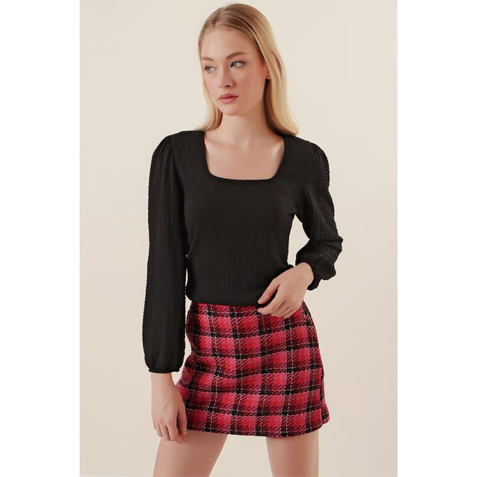 Getextureerde Vierkante Kraag Lange Mouwen Blouse