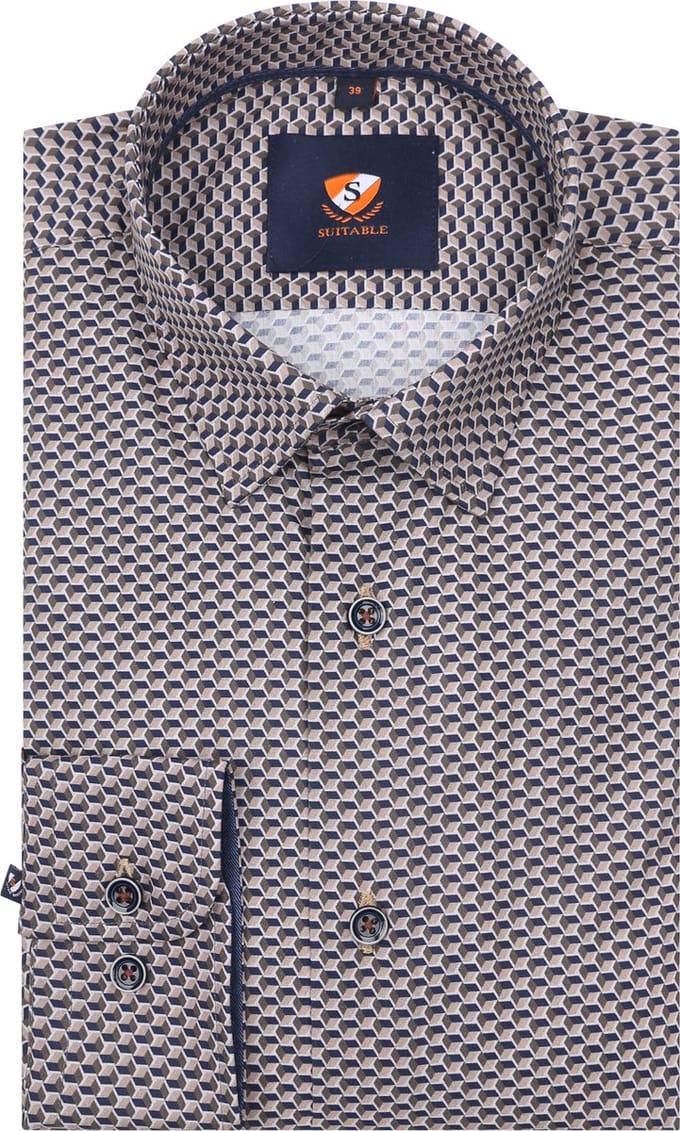 Suitable Overhemd Print Bruin 267-12 - Maat 40 - Heren - Casual Shirt