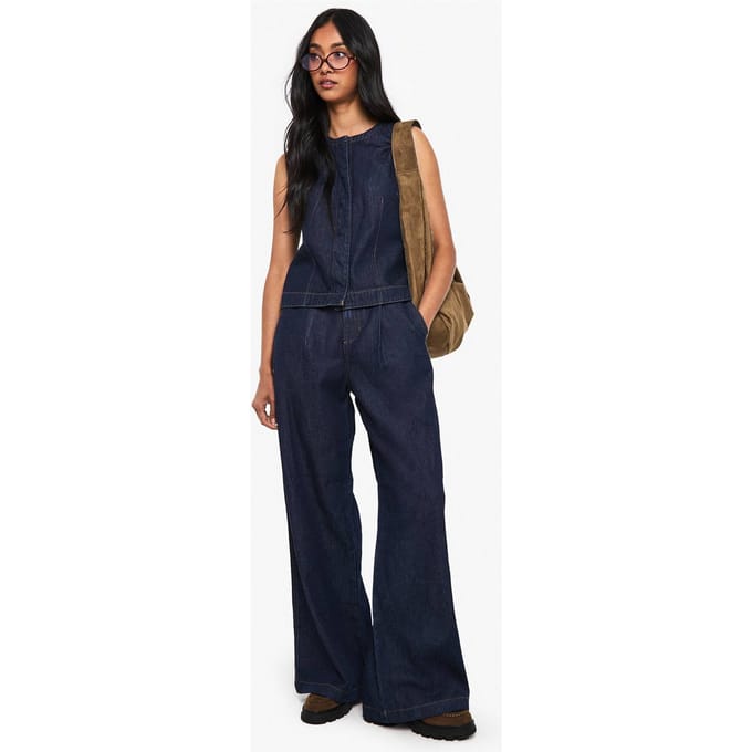 boohoo Dames Denim Wide Leg Pleated Jeans | Indigo | Maat: 14