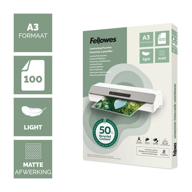 Fellowes® lamineerfolies, formaat A3, foliedikte 80 µ, gerecycled PET, transparant-mat, 100 stuks