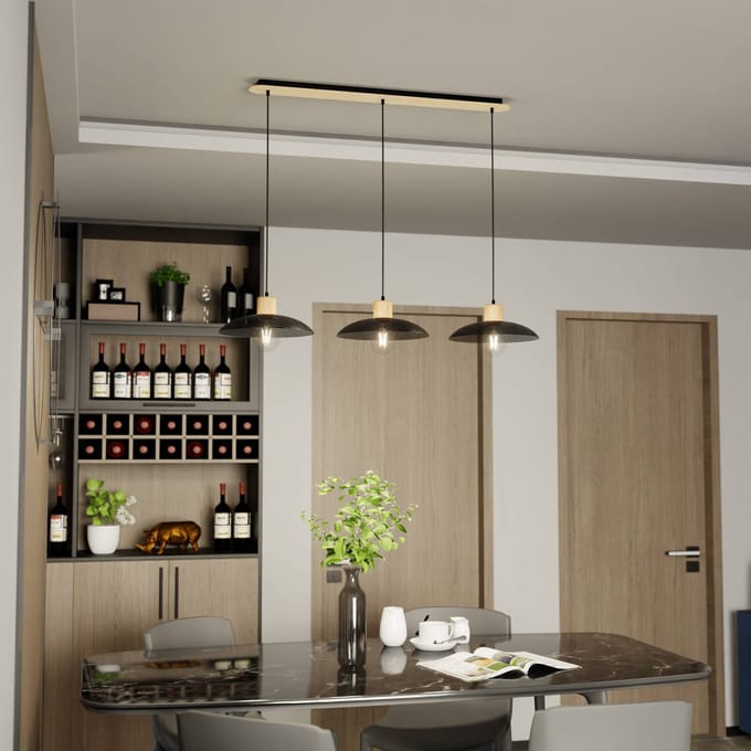 EMIBIG LIGHTING Hanglamp Kobe, 3-lamps, staal, hout, zwart