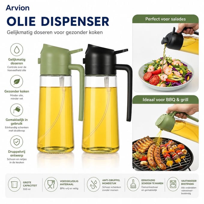 Arvion 2-in-1 Oliesproeier voor heteluchtfriteuse 470 ml - Oliespray & Oliedispenser voor Airfryer - Groen + Zwart