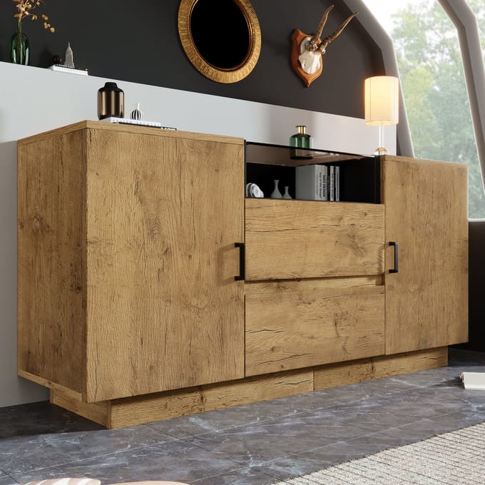 Sideboard - 140x40x70 cm eikenlook - ESG glas & zwarte handgrepen - 2 laden & 2 kasten - verstelbare planken
