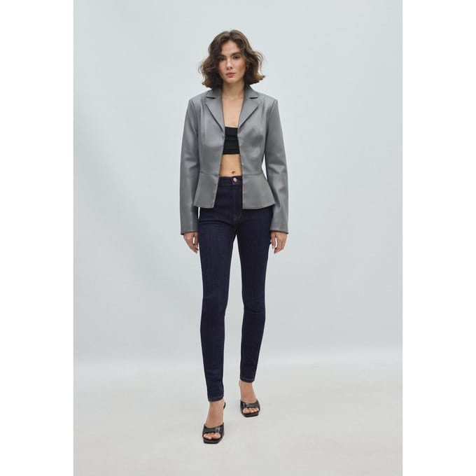 Stradivarius Getailleerde blazer met leereffect en peplum  Donkergrijs S