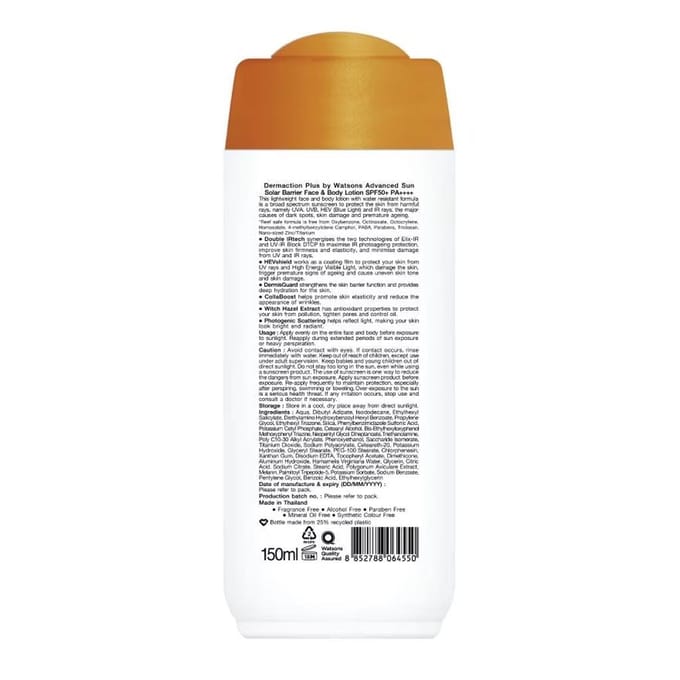 Dermaction Plus van Watsons Advanced Sun Solar Barrier GezichtBodylotion SPF50+ PA++++ 150 ml. 150 ml. white