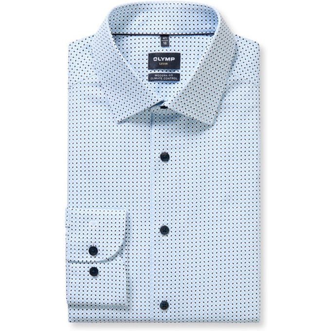 OLYMP 24/7 Luxor modern fit overhemd - dobby - wit met blauw dessin - Strijkvriendelijk - Boordmaat: 43