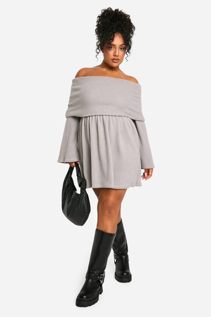 boohoo Dames Plus Brushed Rib Off Shoulder Skater Jurk | Grijs | Maat: 46