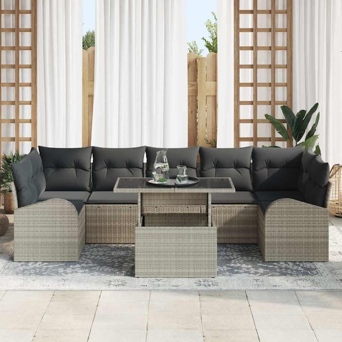 vidaXL Tuinbank Set met kussen met opslag 8 pcs Lichtgrijs Poly Riet