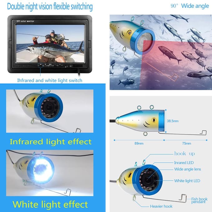 Caméra de pêche sous-marine avec moniteur LCD couleur 7  , étanche IP68 UK Plug noir