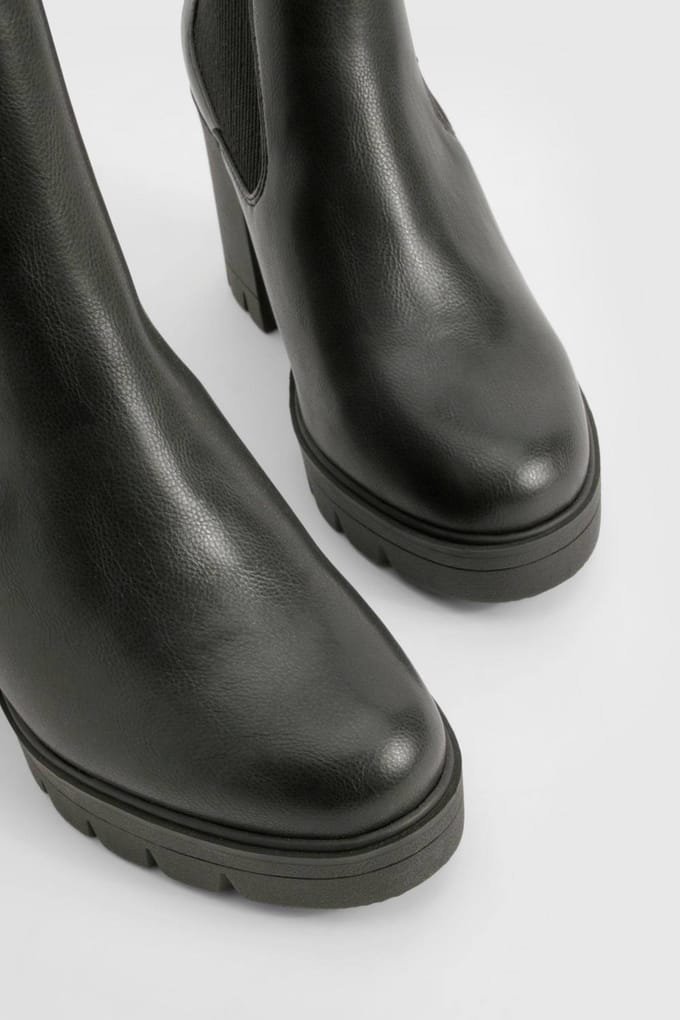 boohoo Dames Brede pasvorm, getextureerde Chelsea-laars met chunky hak | Zwart | Maat: 38