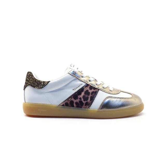 Tamaris dames sneakers van wit leer met luipaardprint