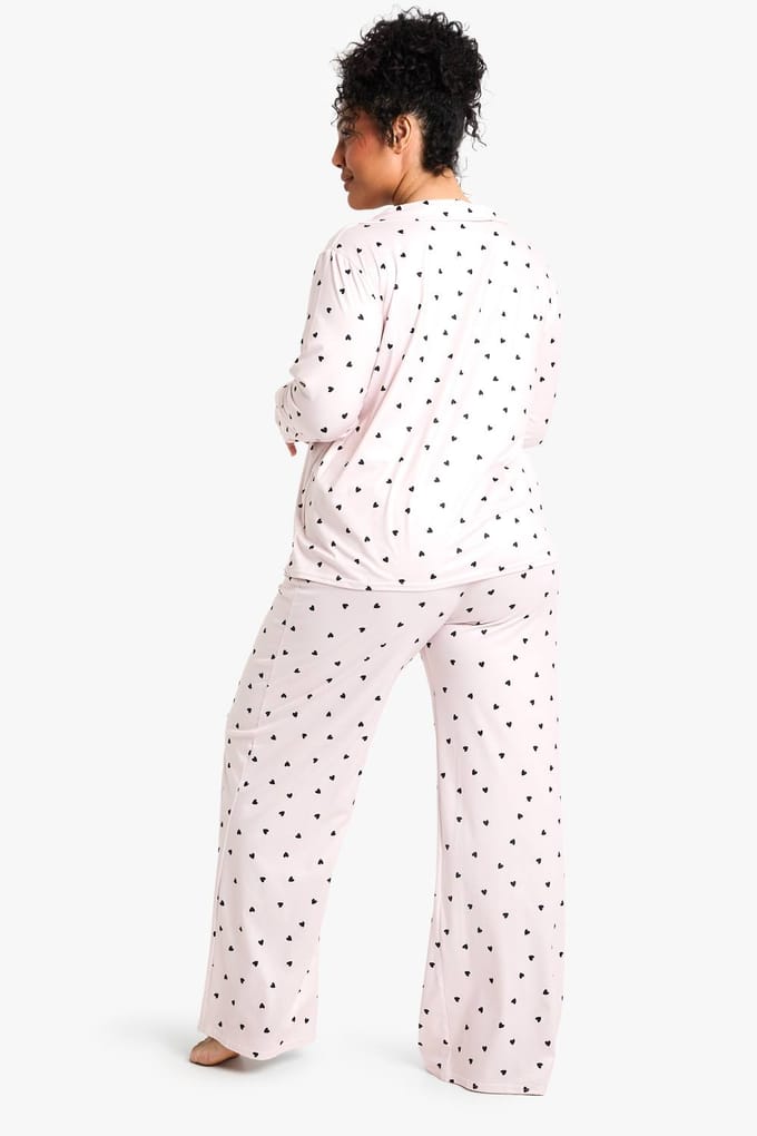 boohoo Dames Plus Pyjama Set met Hartenprint, Lange Mouwen & Broek | Rose | Maat: 16