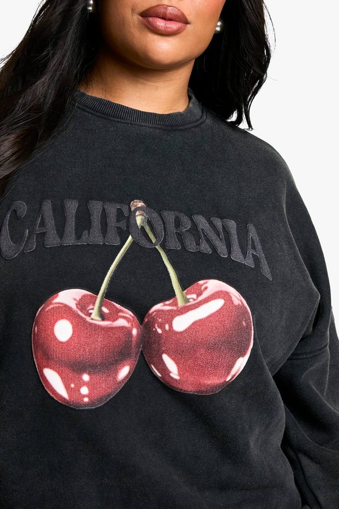 boohoo Dames Plus California Cherry Oversized Sweatshirt | Charcoal | Maat: 18