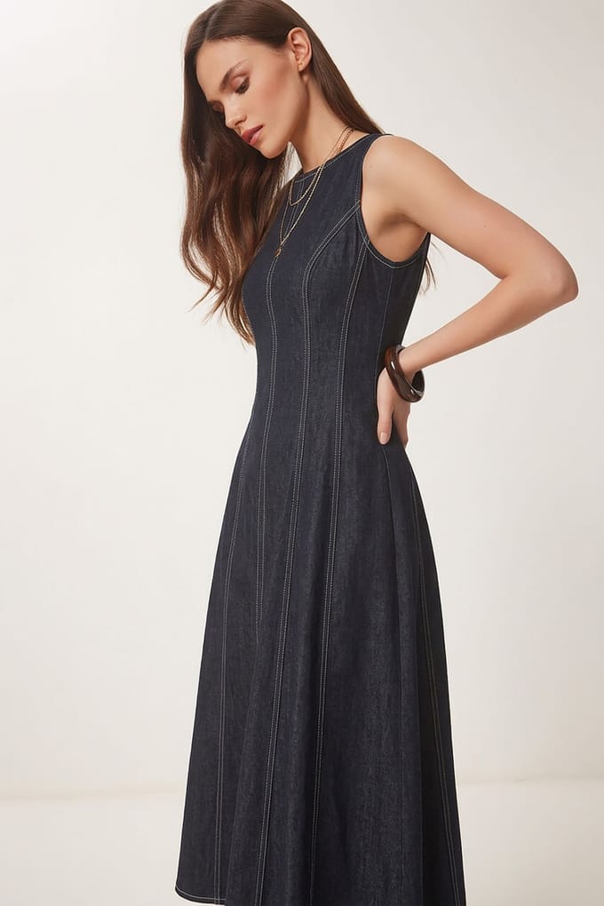 A-lijn Midi Denim Jurk met Ronde Hals