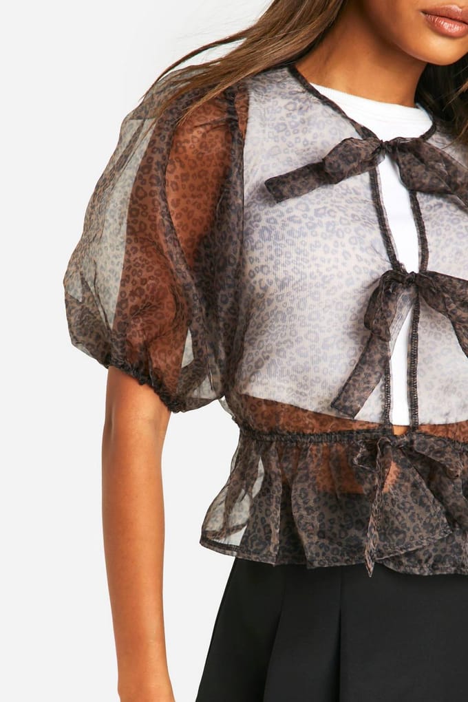 boohoo Dames Organza Micro Luipaard-print Tie Front Puff Mouw Top | Luipaardprint | Maat: 40