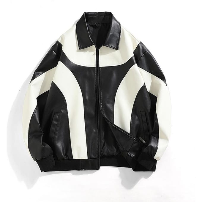 Nieuwe Contrasterende Leren Jas Koppel Herfstjas S white