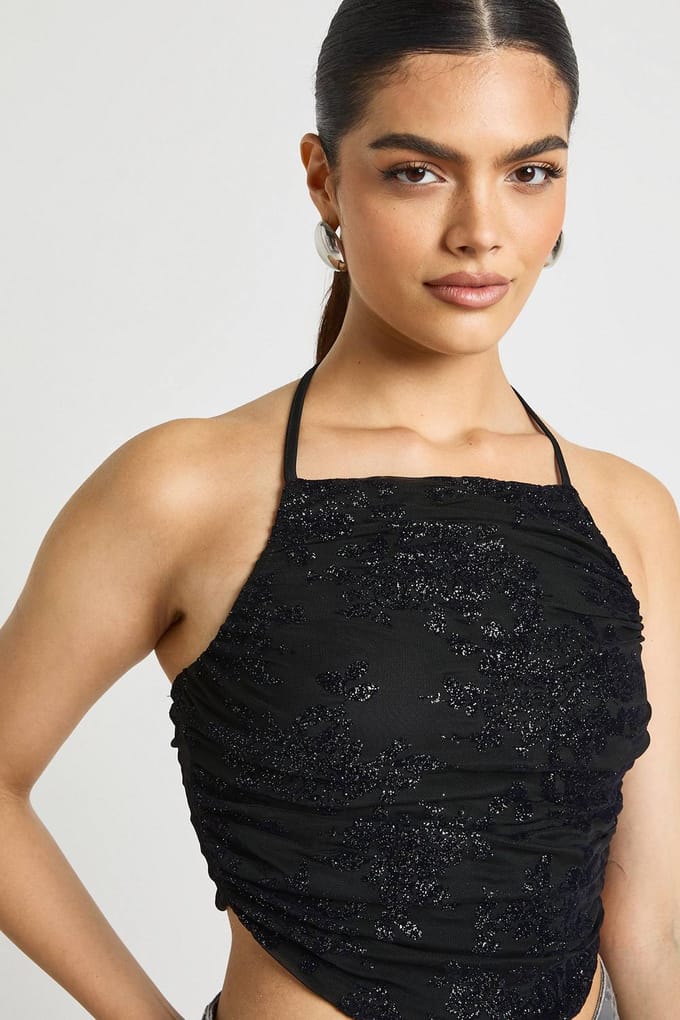 boohoo Dames Glitter Mesh Geplooid Halterneck Top | Black | Maat: 14