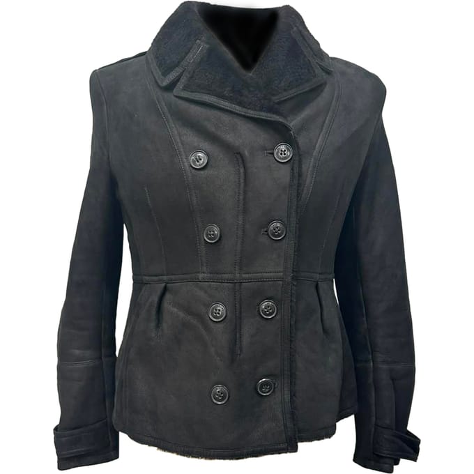 Burberry Brit Chedleigh Double-Breasted Shearling Jacket in Black Leather