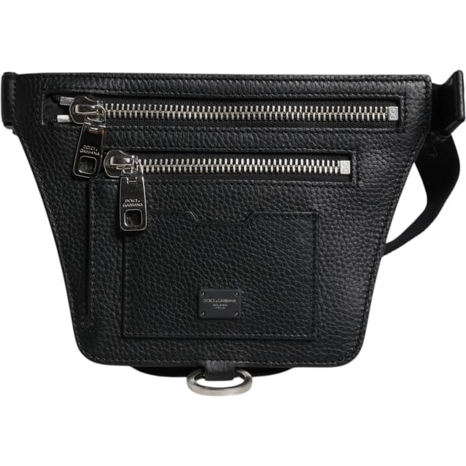 Zwart Kalfsleren Logo Plaquette Riem Taille Mannen Heuptas Tas