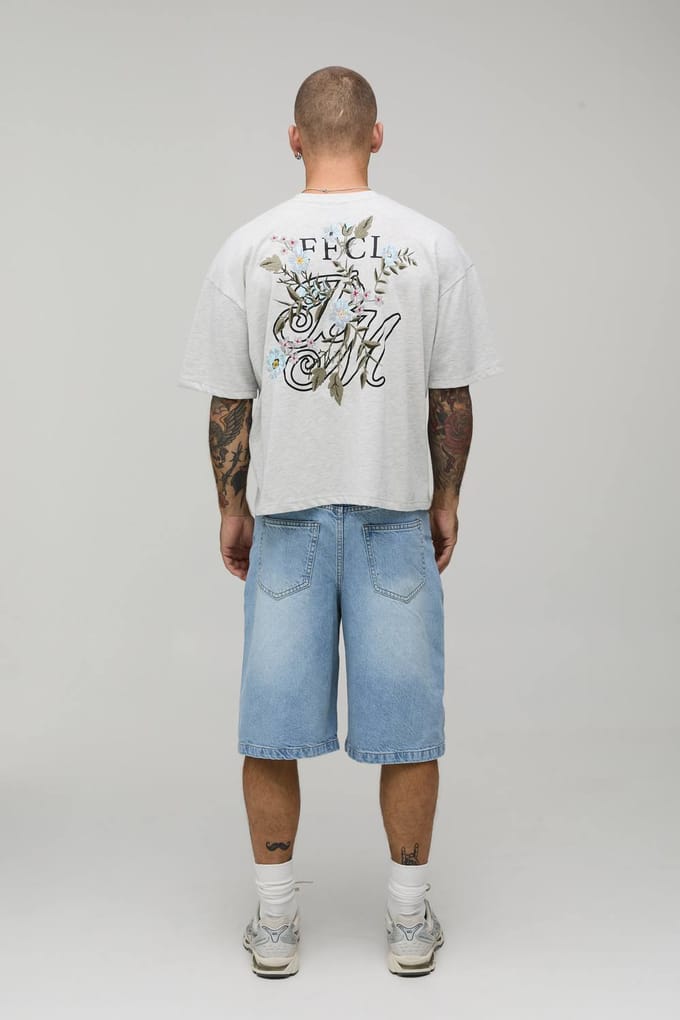 Oversized Boxy Heavyweight T-shirt Met Geborduurd Bloemenpatroon | Grey Marl | Size Medium