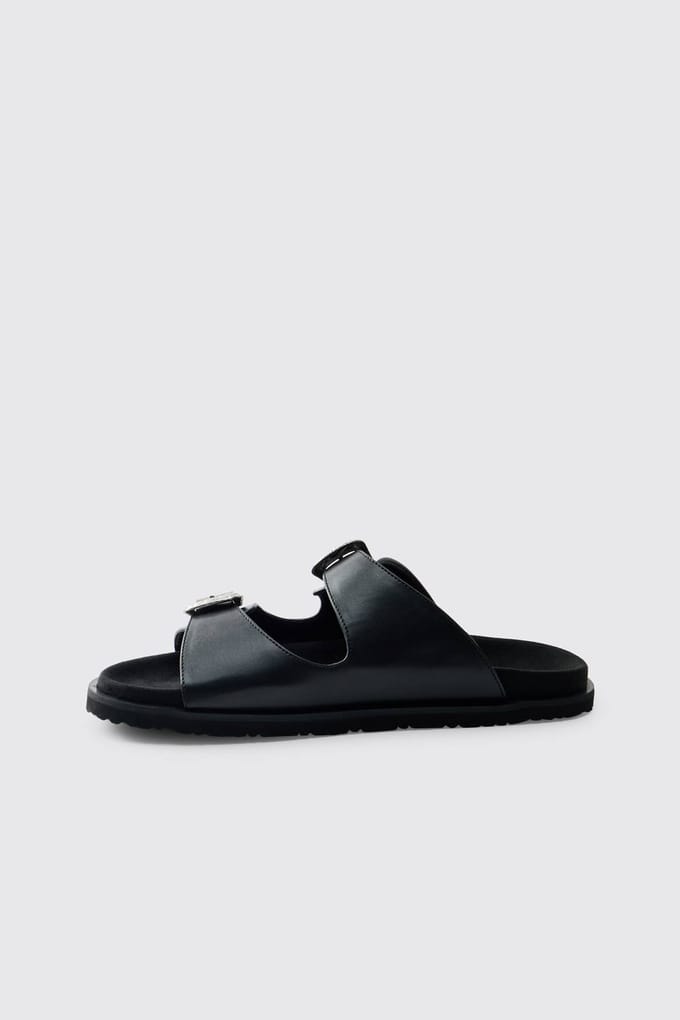 Faux Suède Sandaal Met Dubbele Band En Western Gesp | Black | Size 42