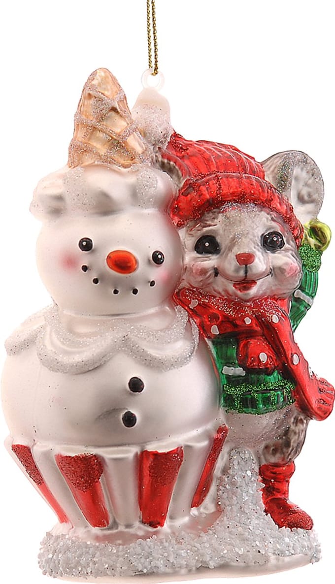 Viv! Christmas Kerstornament - Muis met Sneeuwpop - glas - rood wit - 12cm