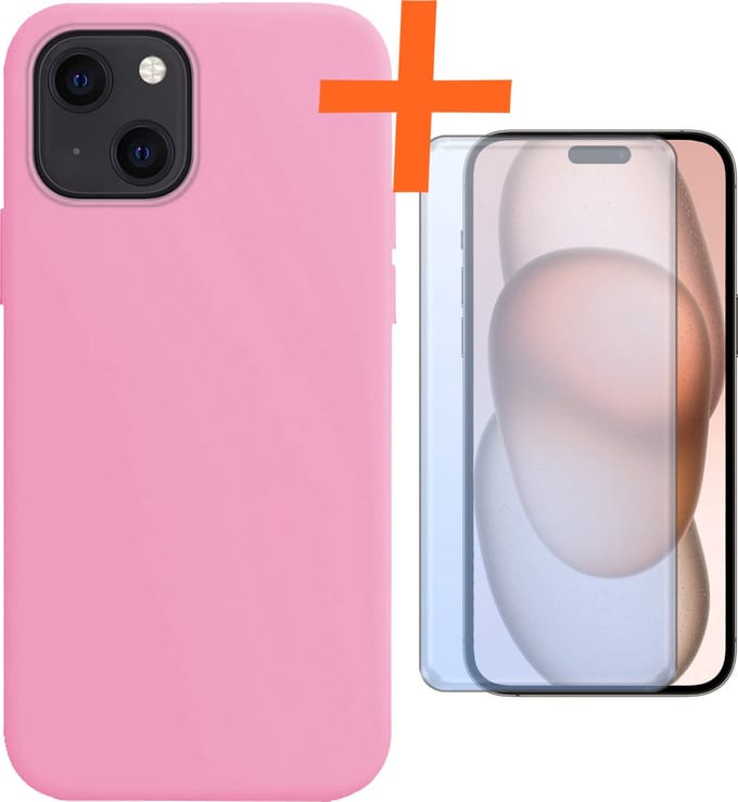 Hoes - Met Screenprotector - Geschikt voor Apple iPhone 15 Plus - Sterk & Shockproof - Back Cover - Siliconen Case - Telefoon Hoes - Lichtroze
