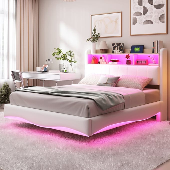 Sweiko Gestoffeerd bed - 140*200cm - LED-verlichting - Laderpoort - Linnen - Beige