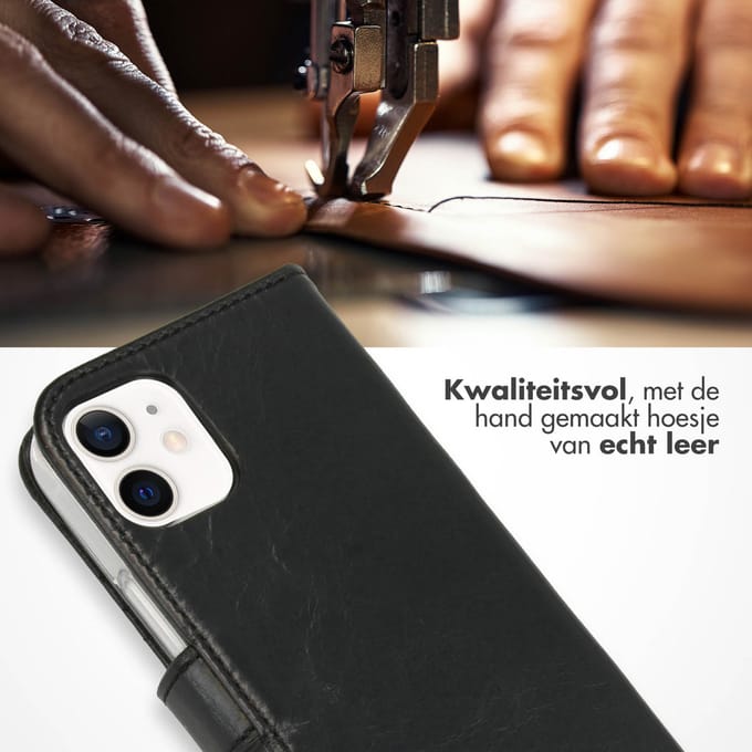 Selencia Hoesje - Geschikt voor Apple iPhone 12 Mini - Echt Lederen Bookcase - Zwart