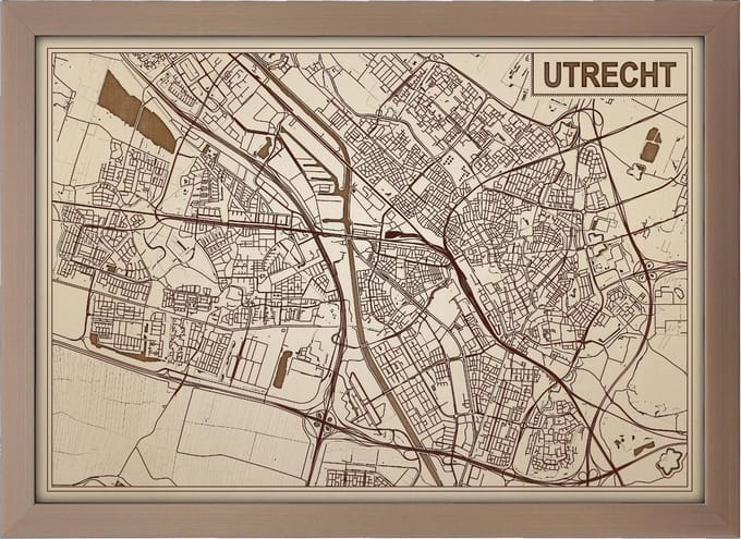 Houten stadskaart Utrecht – lasergesneden plattegrond met zwarte lijst – 31 x 23 cm