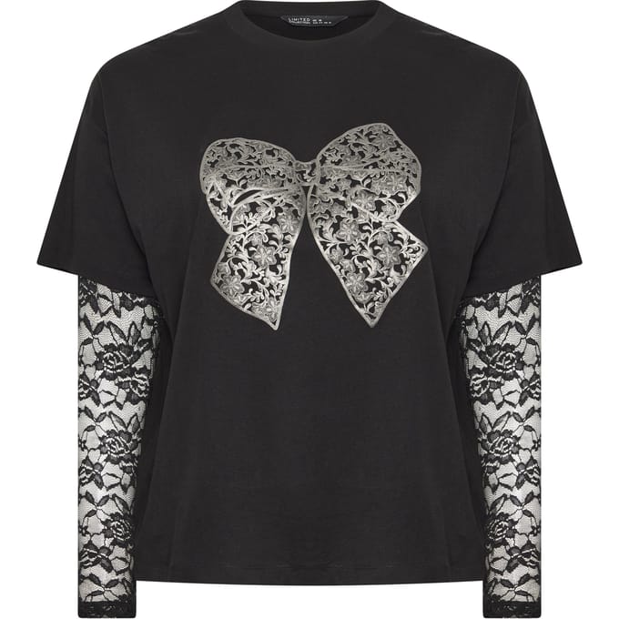 Limited Collection Zwart Tshirt Met Strikprint En Kant Size 44