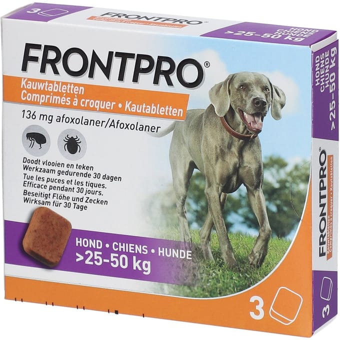 FRONTPRO Hond XL - 25 - 50 Kg - Kauwtabletten tegen Vlooien en Teken - 3 Tabletten