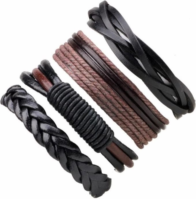 Fako Bijoux® - Leren Armband - Leder - Set Deluxe - 4 Stuks - Bruin/Zwart