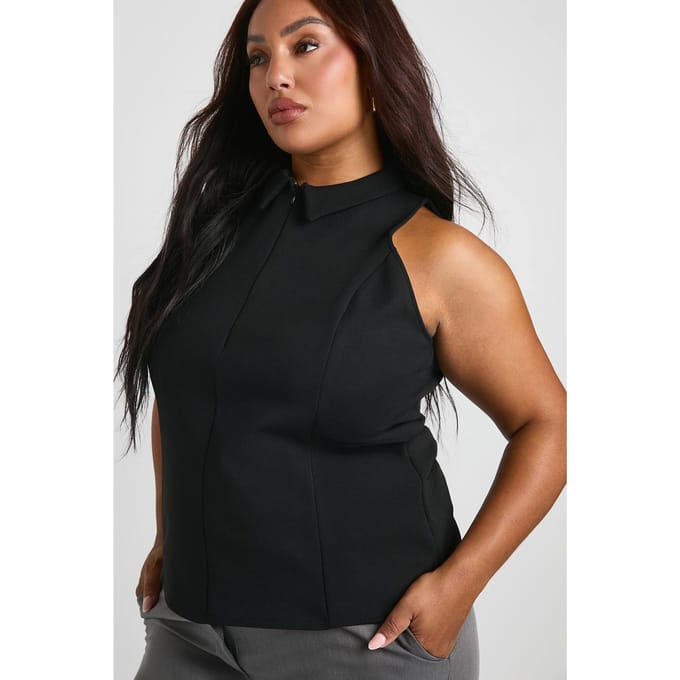 boohoo Dames Plus Gestructureerde Top met Ritssluiting en Kraag | Black | Maat: 16