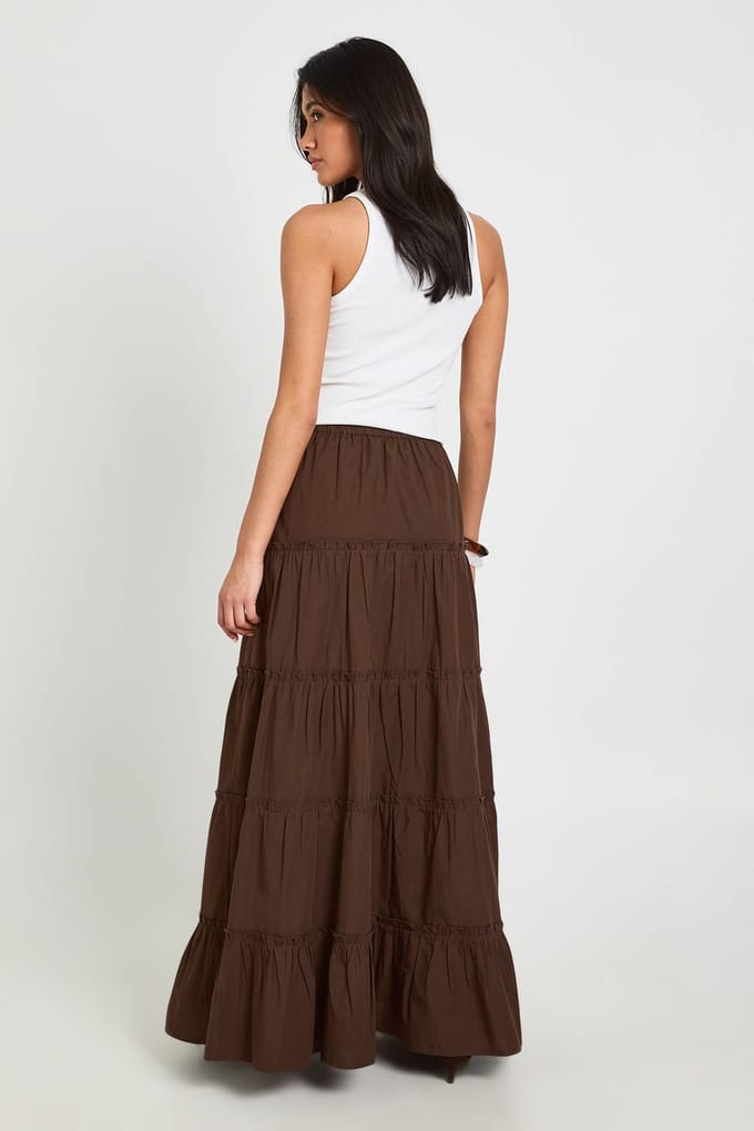 boohoo Dames Gelaagde Katoenen Popeline Maxi Rok | Chocoladebruin | Maat: 44