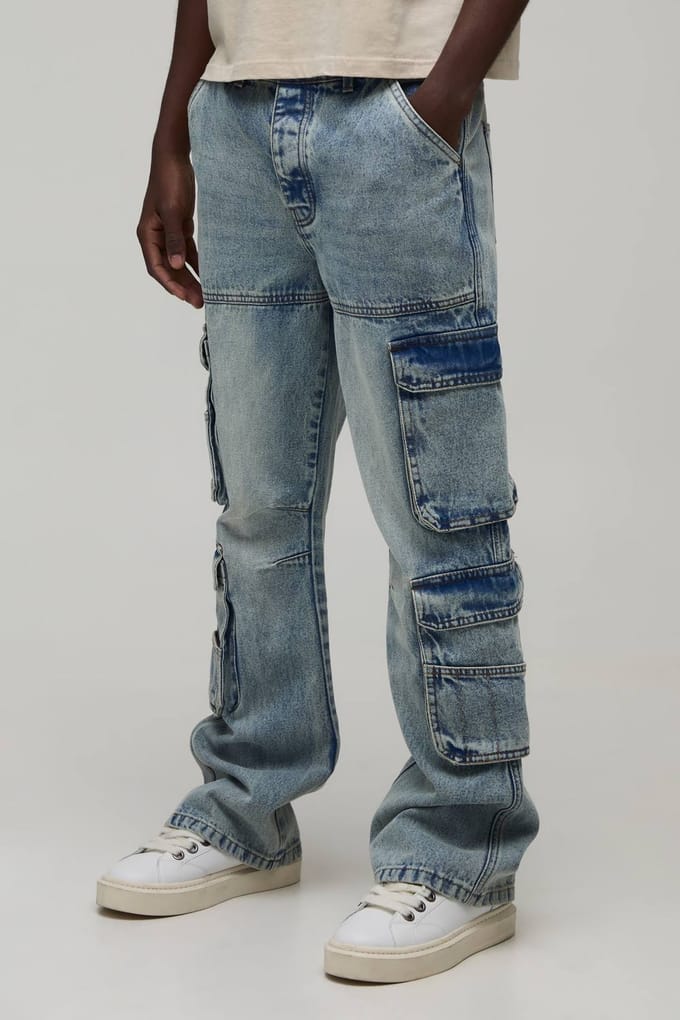 Gewassen Relaxed Fit Cargo Flared Jeans | Stonewash | Size 28R
