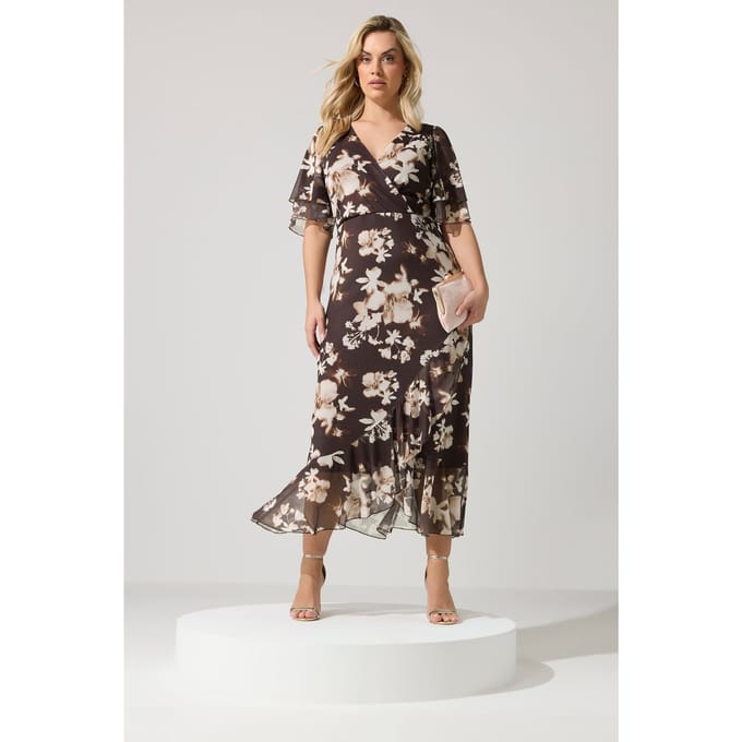 Yours London Chocoladebruine Wikkeljurk Met Vervaagde Bloemenprint Size Petite > 46