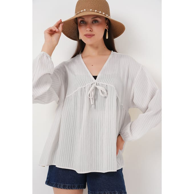Gestructureerde Seersucker V-hals Blouse met Strikje