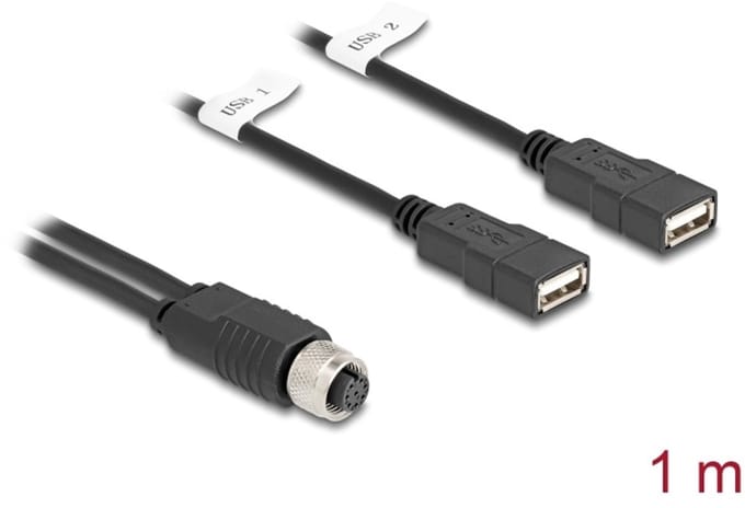 Delock M12 Cable A-coded 8 pin female to 2 x USB 2.0 Type-A female 1 m black
