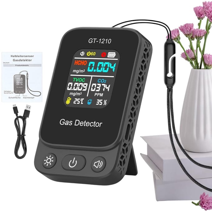 Luchtkwaliteitsmeter - CO2 Detector - Binnenlucht Monitoren - Meet Temperatuur Vochtigheid - 8.5 x 5 x 2 cm
