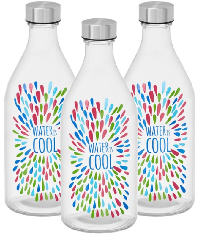 Vivalto Waterfles / drinkfles Summer - 3x - glas - transparant - met RVS dop - 1000 ml