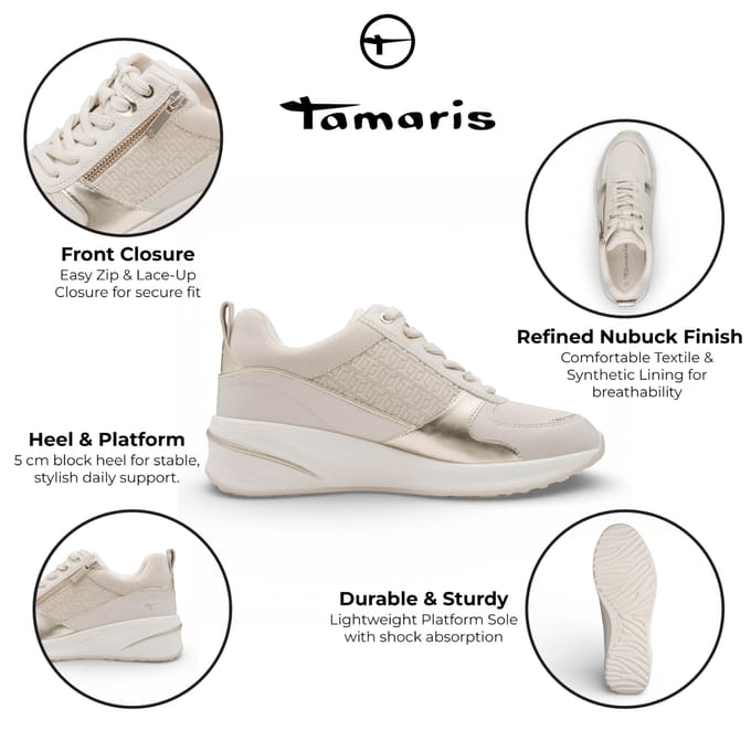 Tamaris dames witte en gouden platform sneakers met ritssluiting en vetersluiting.