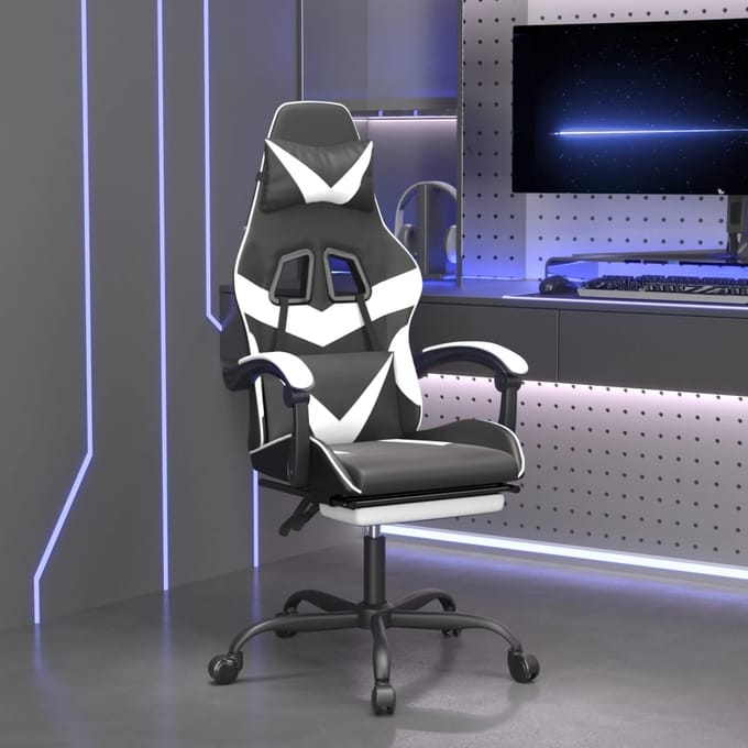 vidaXL - Gamestoel - met - voetensteun - kunstleer - zwart - en - wit