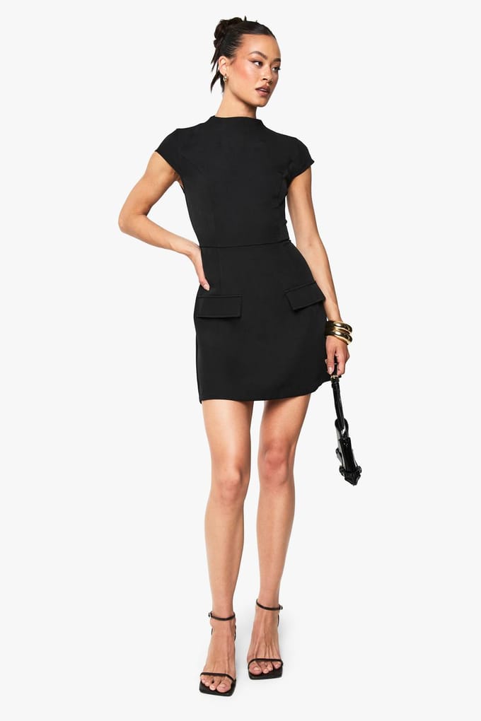boohoo Dames Lange hoge hals gestructureerde getailleerde mini-jurk | Zwart | Maat: 46
