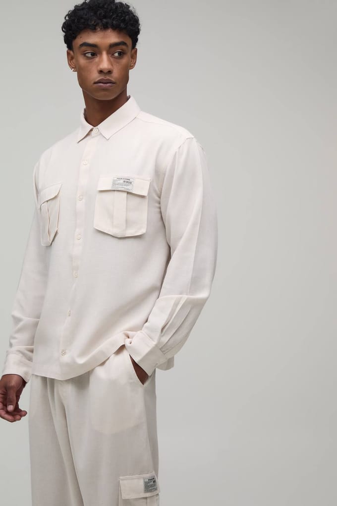 Linnen Regular Cargo Overhemd & Relaxed Broek Set | Natural | Size Medium
