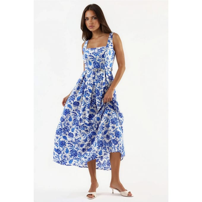 Bloemen Midi-jurk met Vierkante Kraag