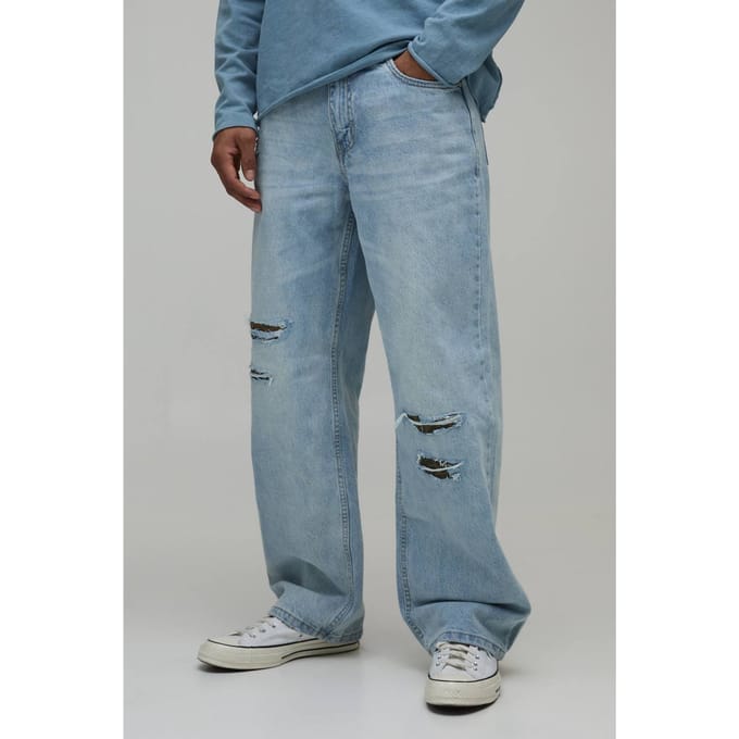 Leopard Rip & Repair Stonewash Relaxed Fit Jeans | Size 48