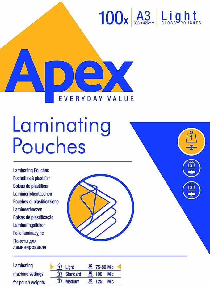 Fellowes Apex lamineerfolie A3 Medium Duty 100PK 125Micronmm