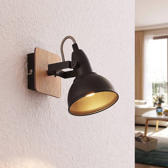 Lindby - buitenspot - 1licht - Staal, hout - H: 14 cm - E14 - zwart, licht hout