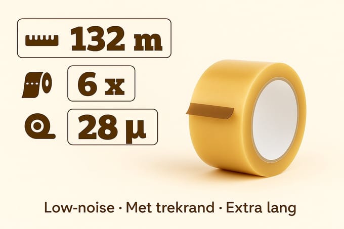 Verpakkingstape Extra Lang - Dozentape - Transparant PP Solvent - Inpak tape - 132 Meter x 50 mm - 6 rollen